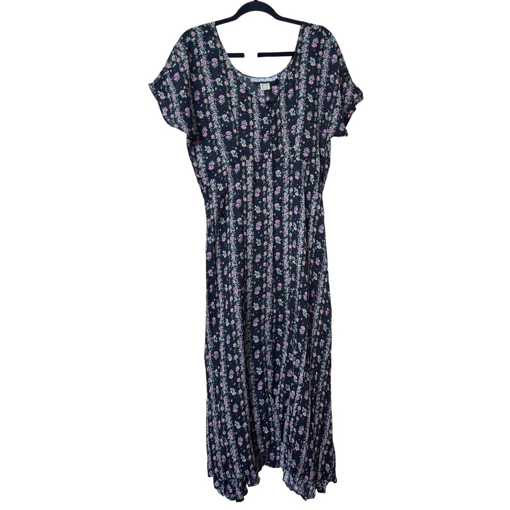 Danielle Karen Vintage 90s Floral Chiffon Handkerchief Hem Midi Dress Black OS